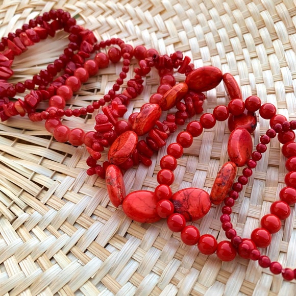 Natural Red Bamboo Coral & Genuine Jasper Gemstone Mixed Beads Bracelet Stack - Picture 3 of 11